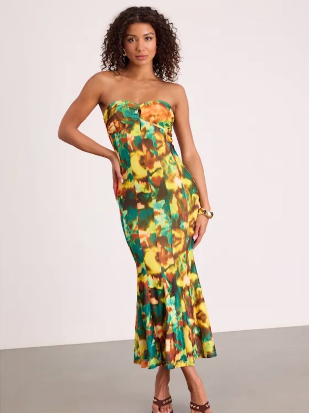 Lulu's Strapless Tie-Dye Maxi Dress in Yellow, Green & Brown